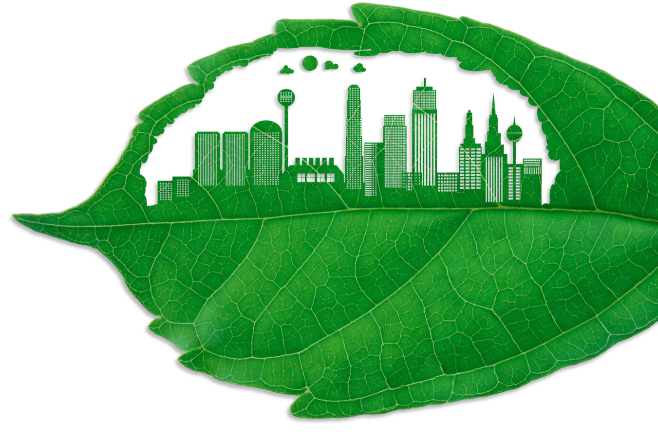 Hoja verde con ciudades y edificios