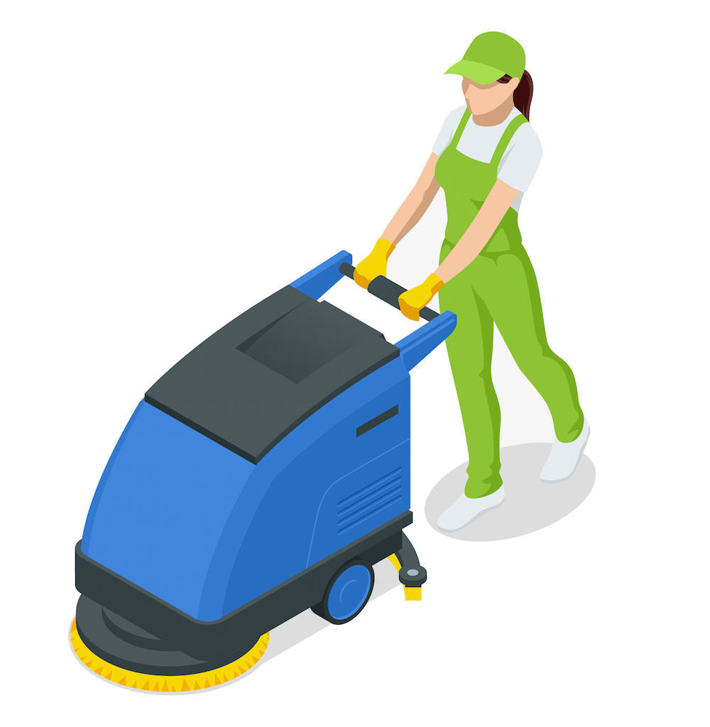 Woman with industrial floor scrubber machine