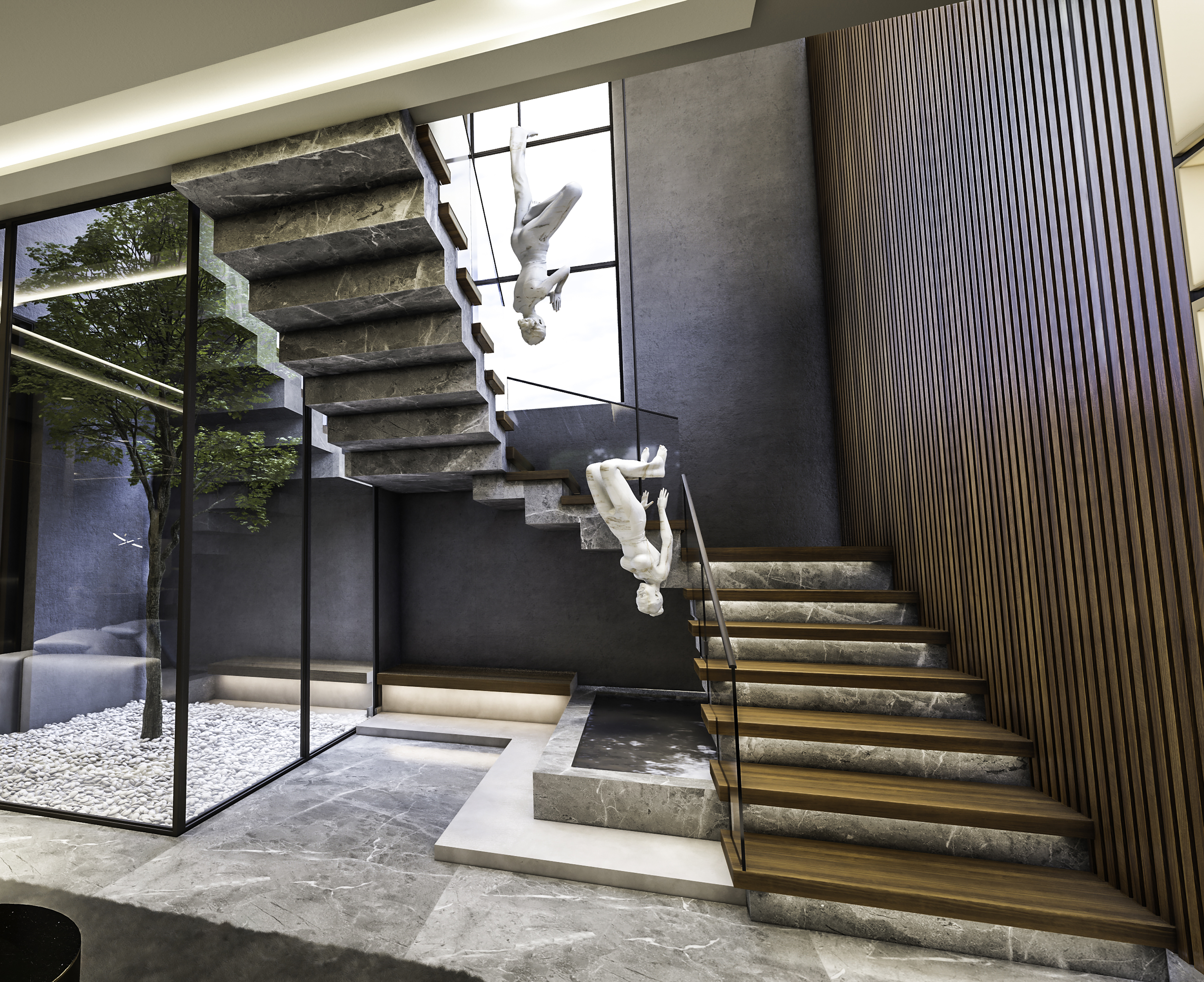 diseño de escaleras con estatuas y madera