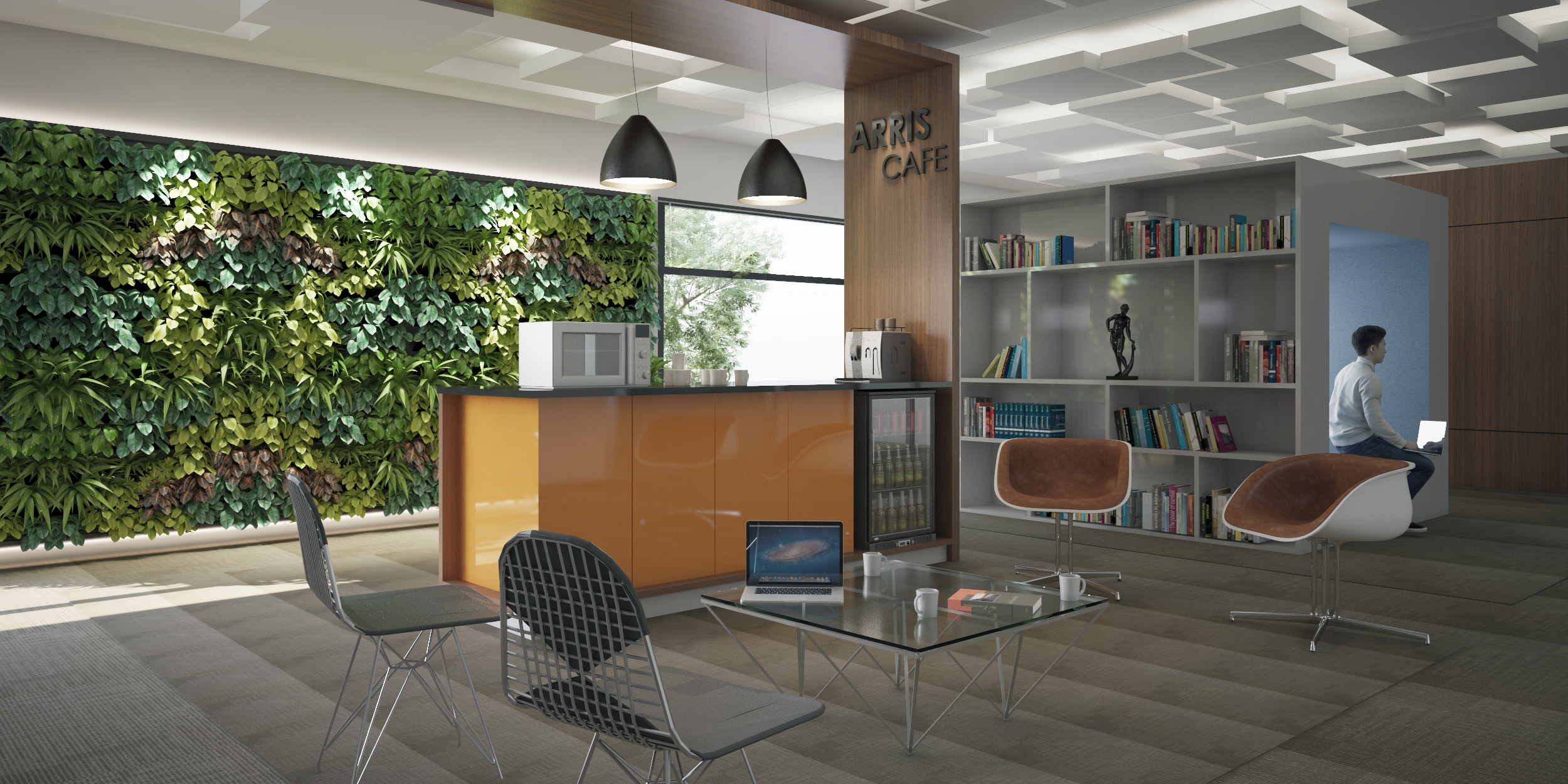 cafeteria de oficia con librero y sillas