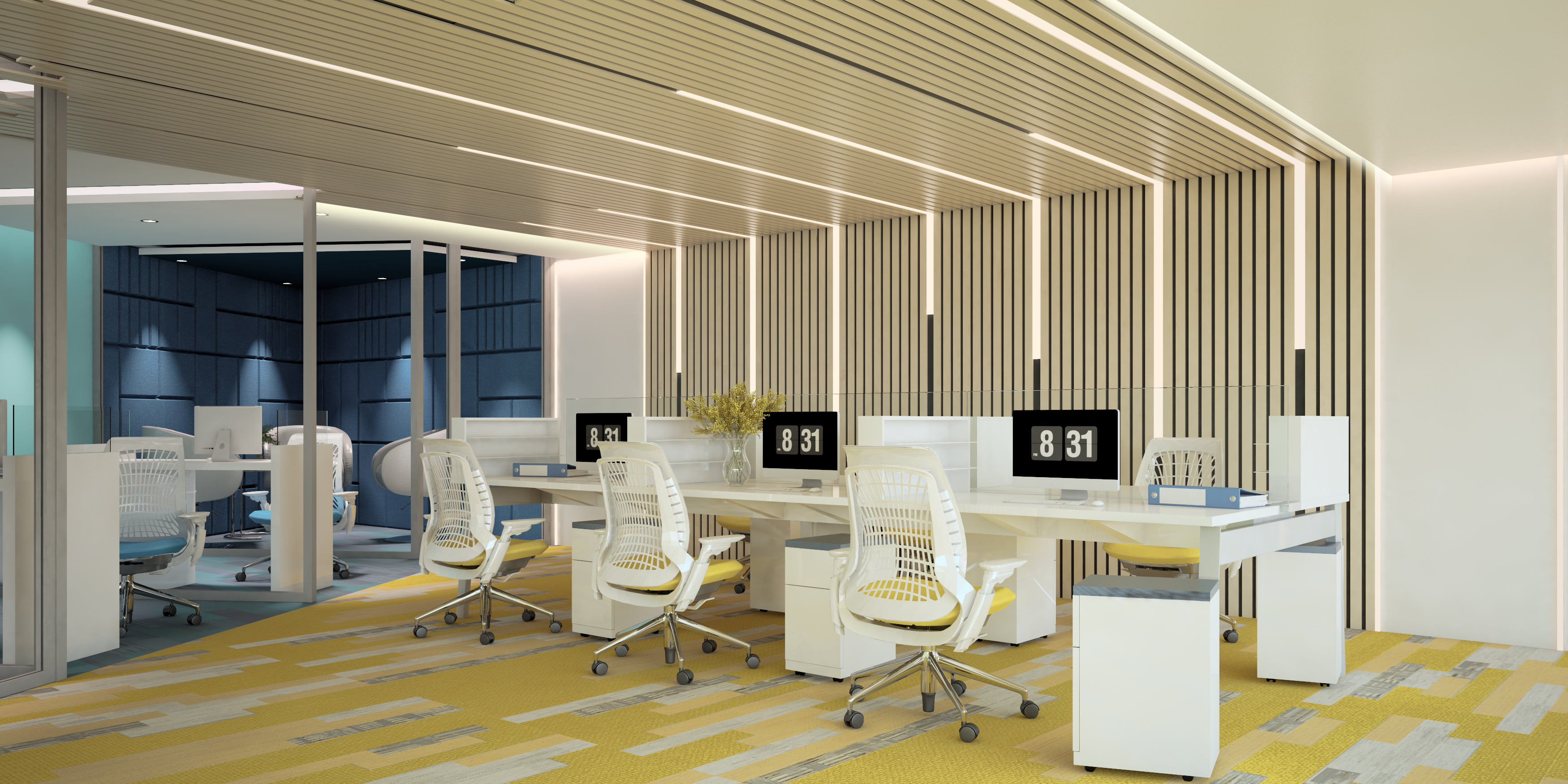 oficina compartida con espacios modernos y luces