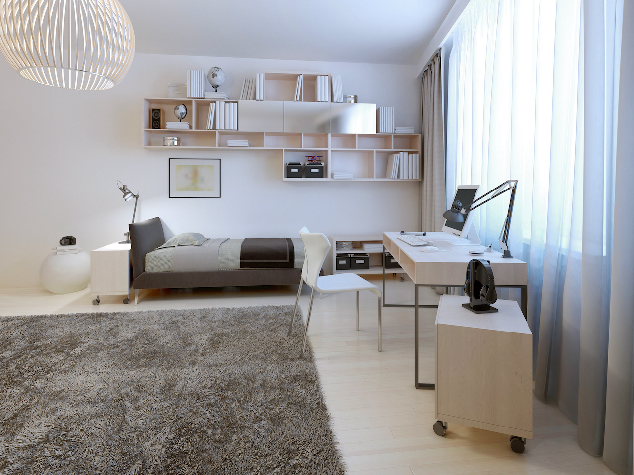 recamara alfombrada de ambiente juvenil