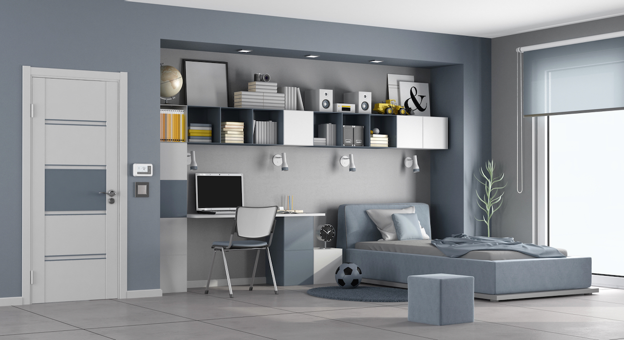 recamara minimalista juvenil con cama y computadora